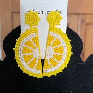 Yellow Beaded Lemon Slice Earrings